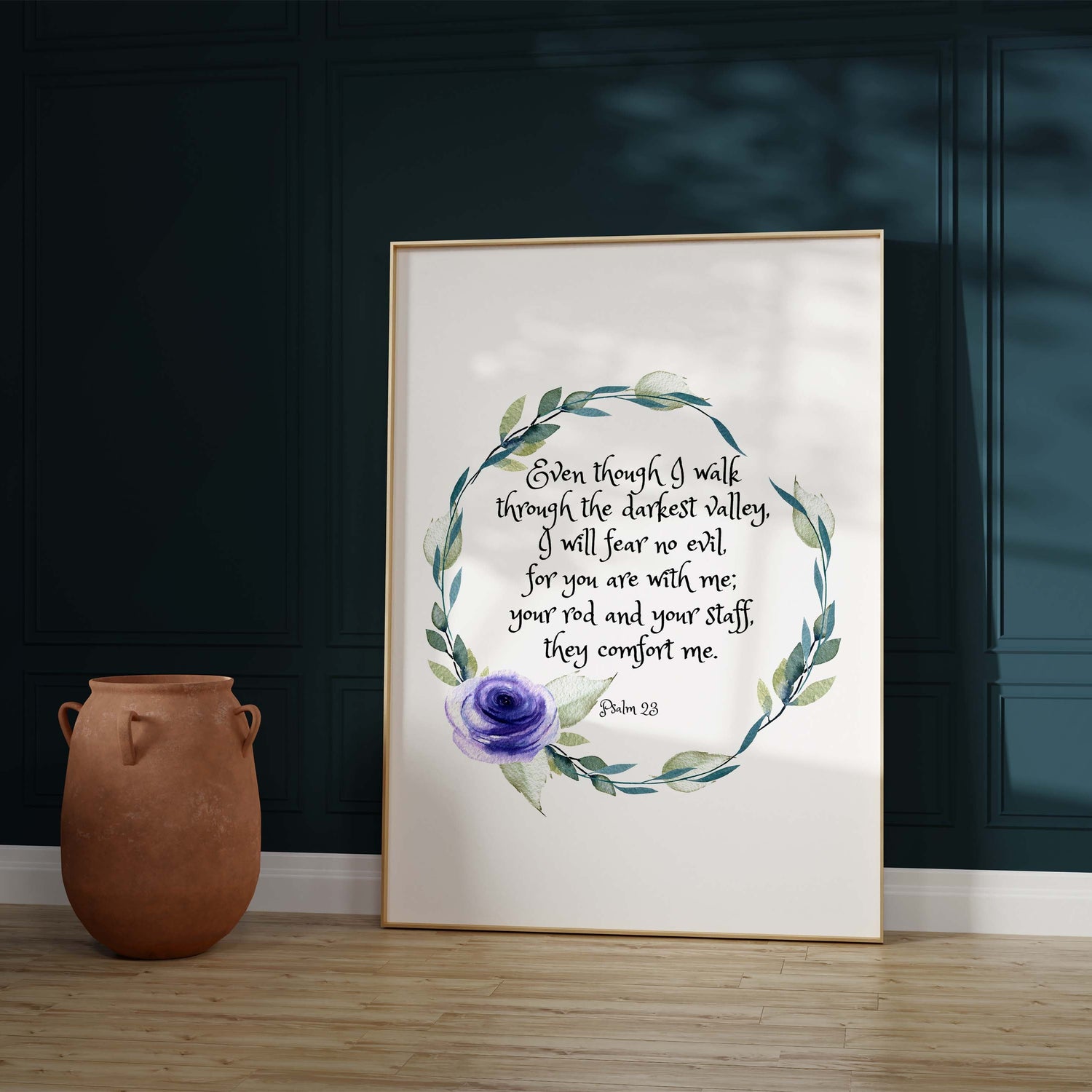 Versatile floral wreath artwork for gallery walls, Graceful floral wreath Christian scripture print, Beautiful Psalm 23:4 print
