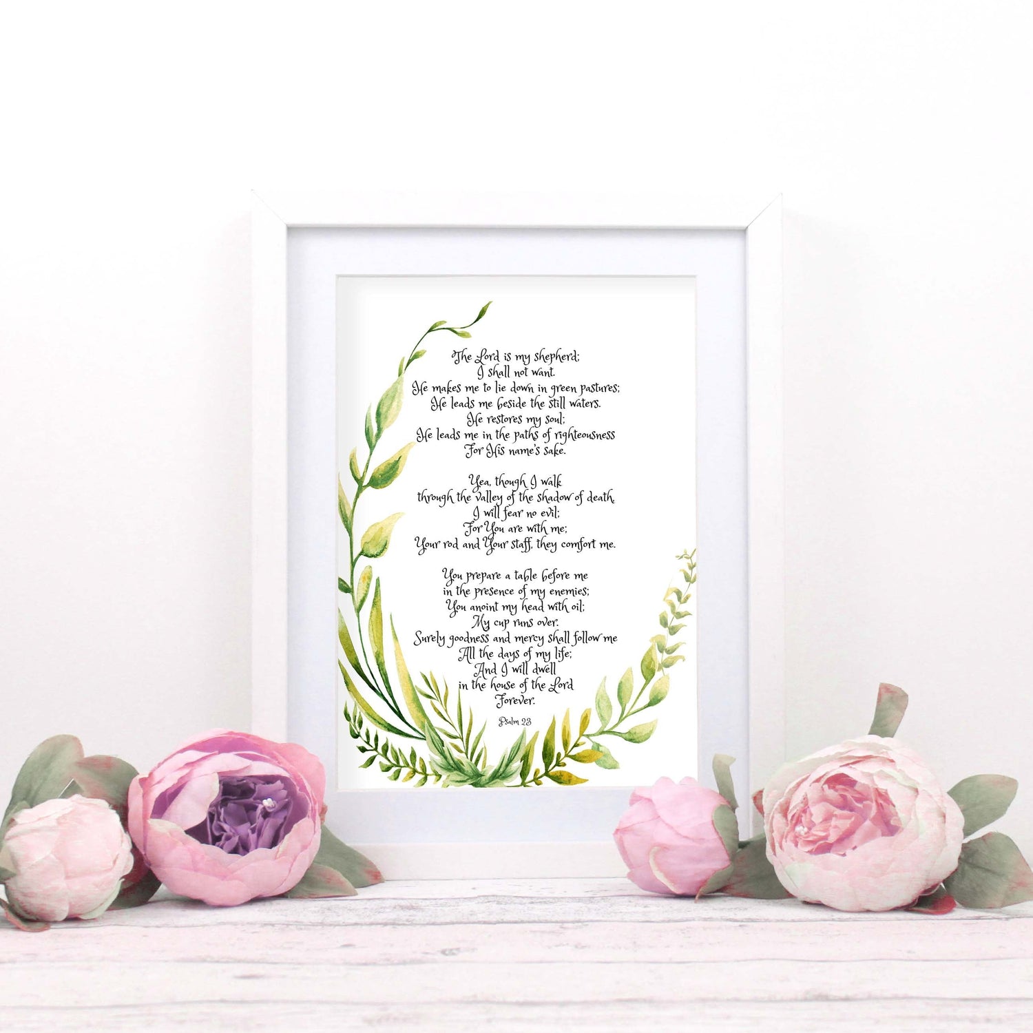 watercolor scripture art, The valley, Floral bible verse print, Psalm 23, He Leads Me Beside The Still Waters