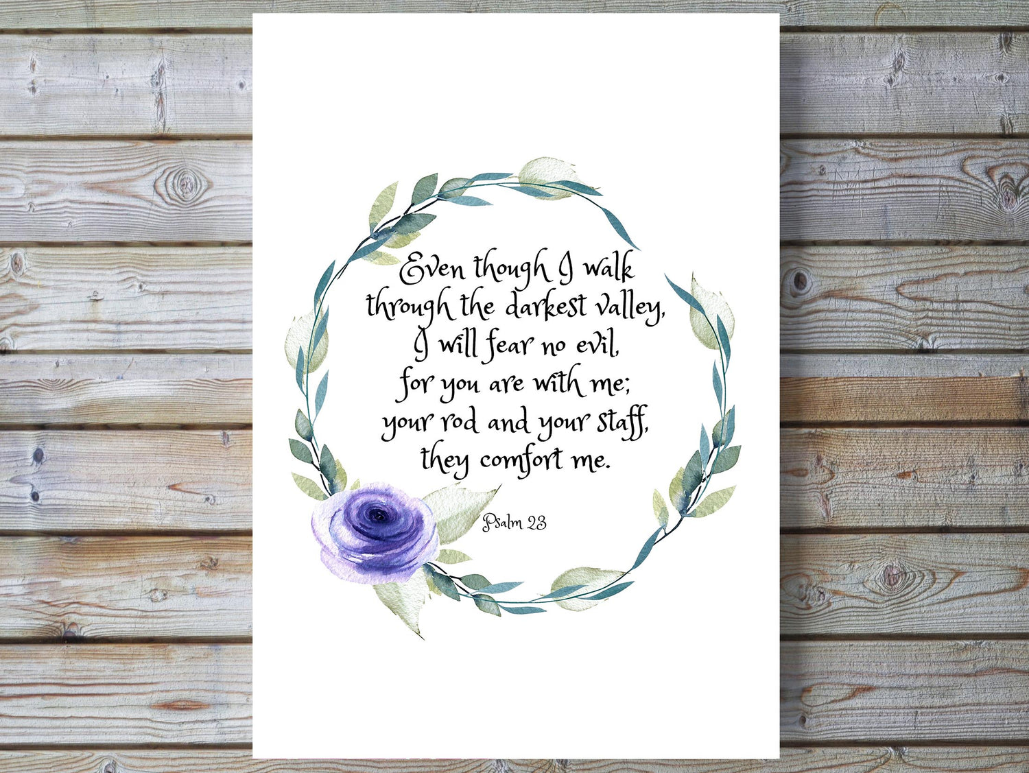 Floral wreath wall print with Psalm 23:4 message, Inspirational verse decor for minimalistic spaces, Beautiful Psalm 23:4 print
