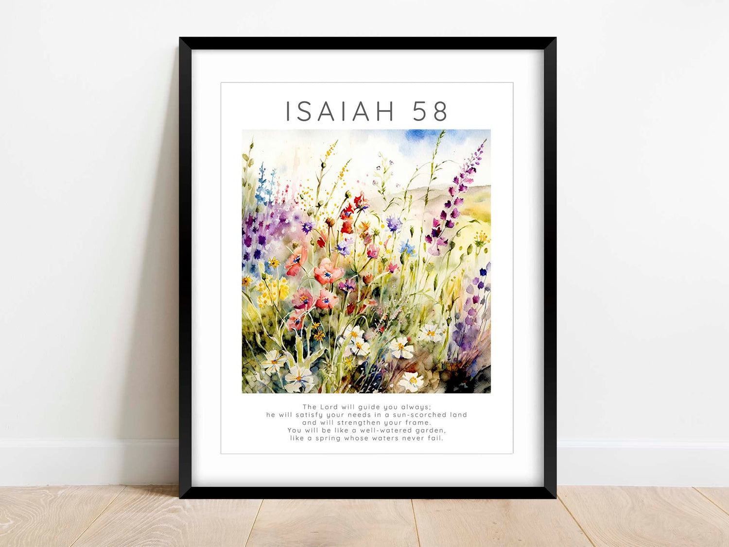 Inspirational scripture wall art with flourishing garden, Nature's beauty meets biblical wisdom wall print
