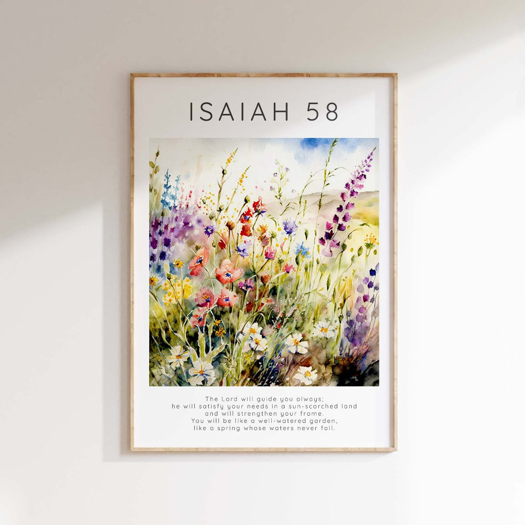 The Lord Will Guide You Bible Verse Poster, Isaiah 58 Wildflower Art, Wildflower meadow Isaiah 58:11 wall art