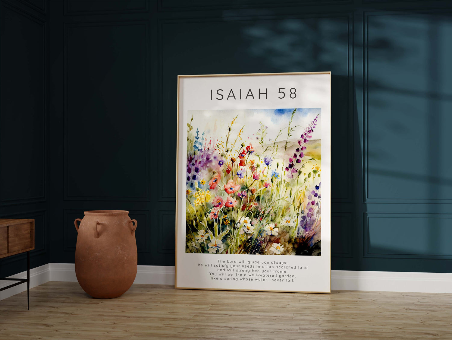 Vibrant floral Bible verse print decor, Nature-inspired Christian home decoration, Blossoming garden scripture wall hanging