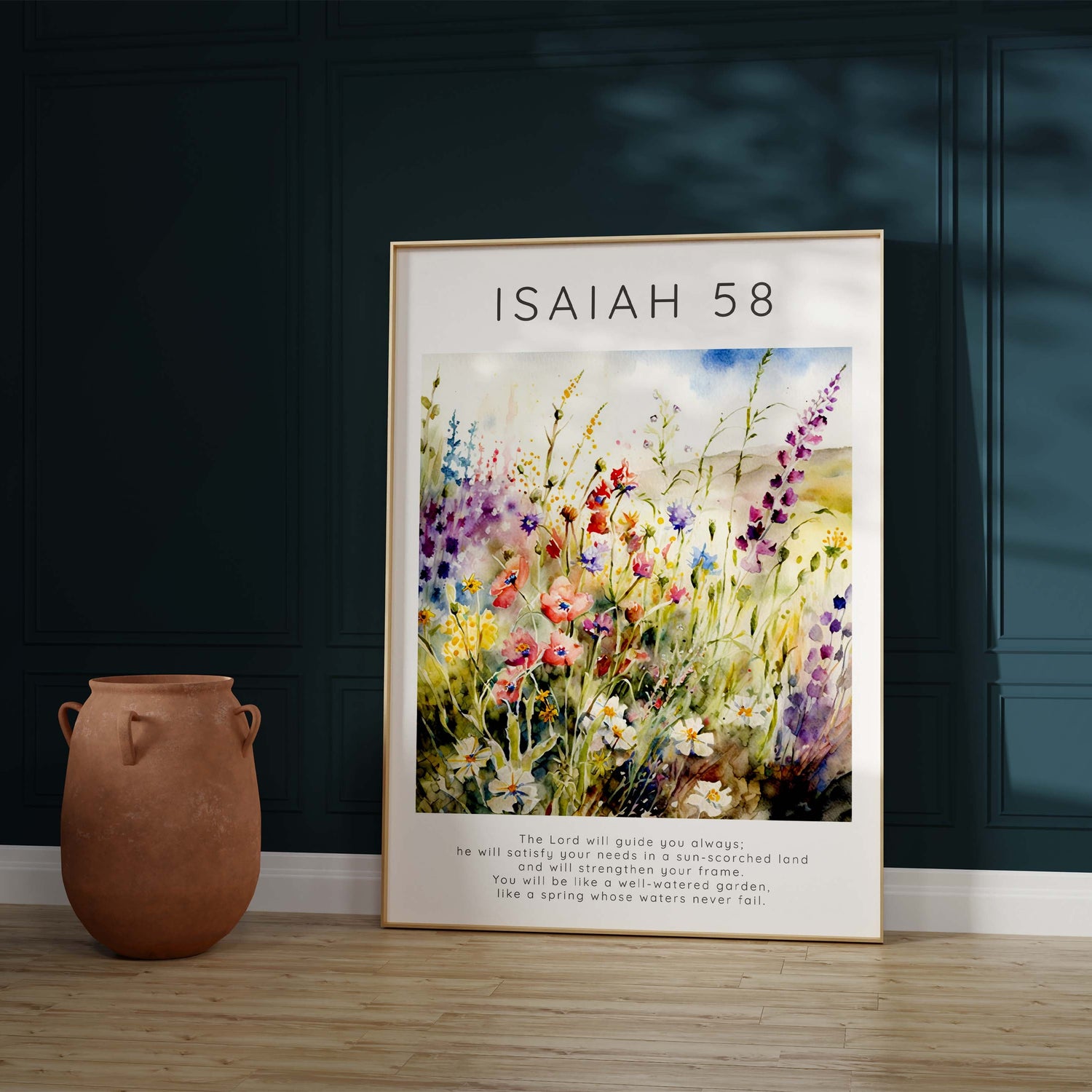 Vibrant floral Bible verse print decor, Nature-inspired Christian home decoration, Blossoming garden scripture wall hanging