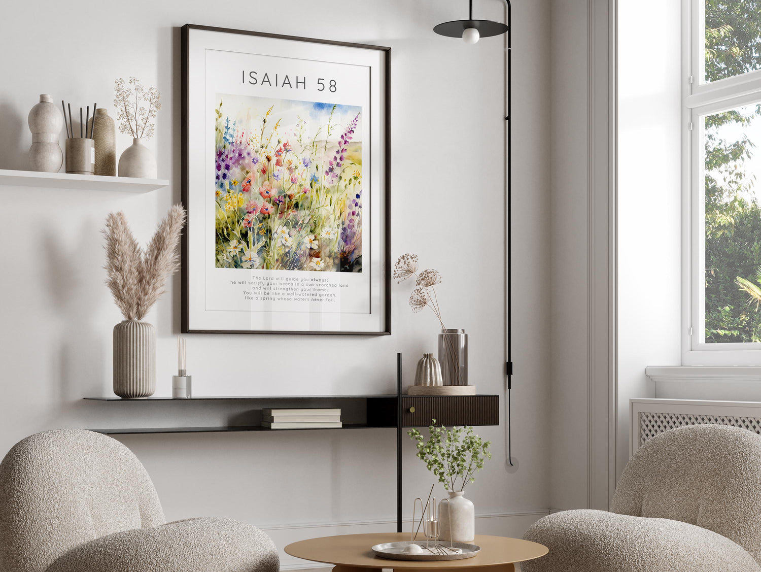 Radiant colors of nature in biblical wall decor, Isaiah 58:11 verse with vibrant flower meadow, encouraging bible verse print