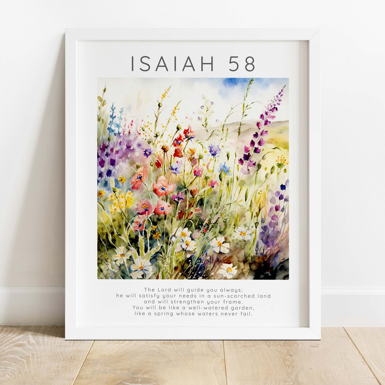 Serene flower meadow scripture art piece, Uplifting wall print for spiritual reflection, Christian home print with blooming flowers