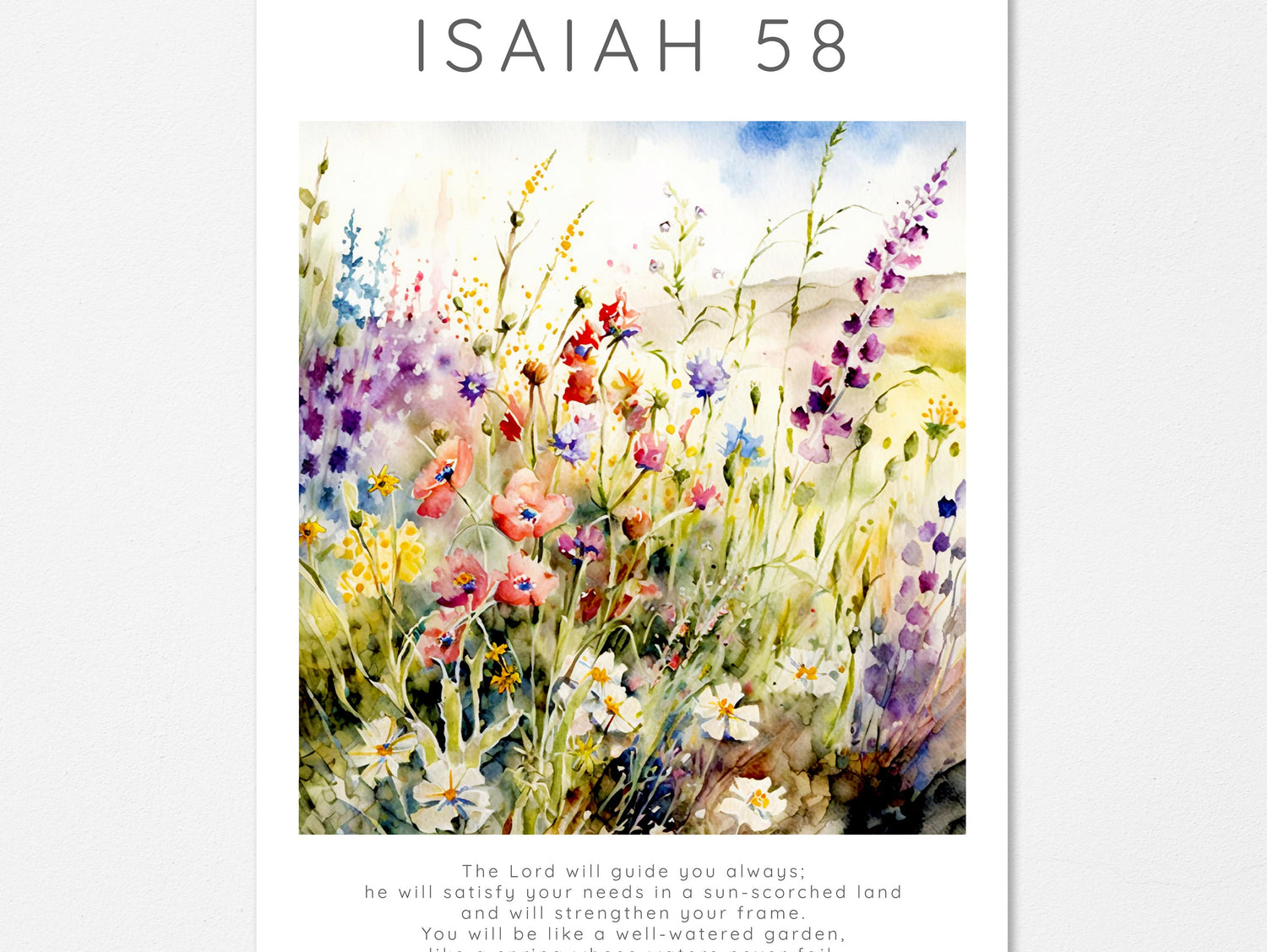 The Lord Will Guide You Bible Verse Poster, Isaiah 58 Wildflower Art, Wildflower meadow Isaiah 58:11 wall art