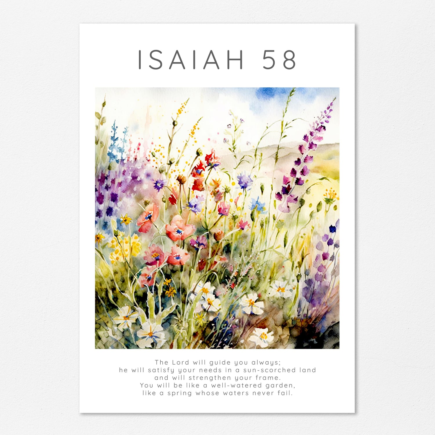 The Lord Will Guide You Bible Verse Poster, Isaiah 58 Wildflower Art, Wildflower meadow Isaiah 58:11 wall art