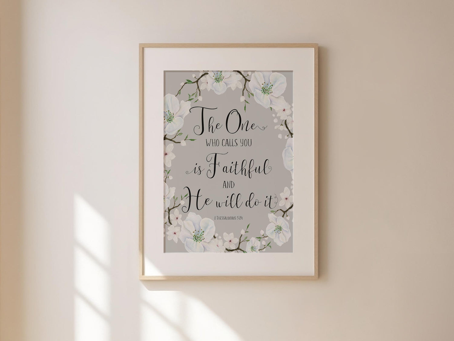 Inspirational Bible verse wall decor, Encouraging quote print for home decoration, Grey and white floral wall art with biblical quote