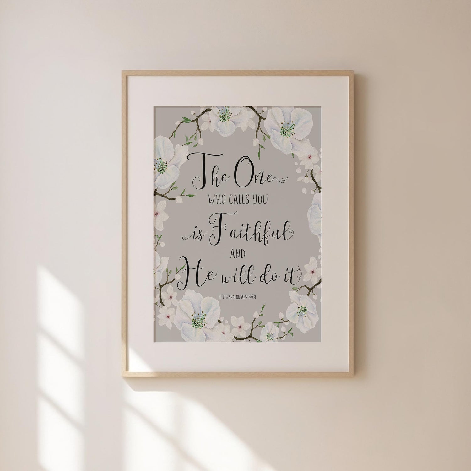 Inspirational Bible verse wall decor, Encouraging quote print for home decoration, Grey and white floral wall art with biblical quote