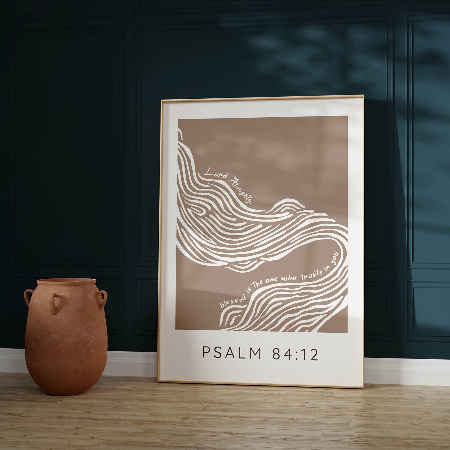 Elevate Your Decor with Psalm 84:12 - Abstract River Flowing Amidst Trust in the Lord Text