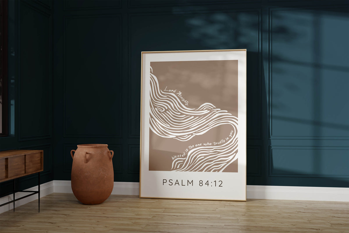 Elevate Your Decor with Psalm 84:12 - Abstract River Flowing Amidst Trust in the Lord Text
