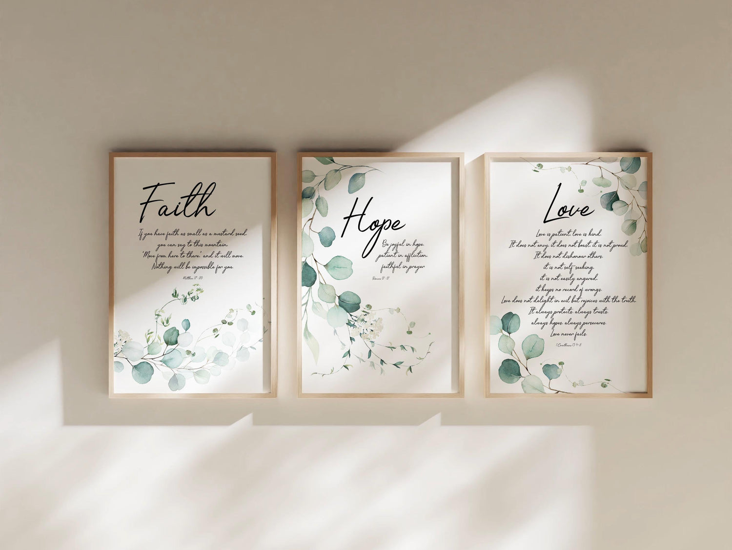 Romans 12:12 hope and patience prints, 1 Corinthians 13 love scripture wall decor, Inspirational botanical art with biblical quotes