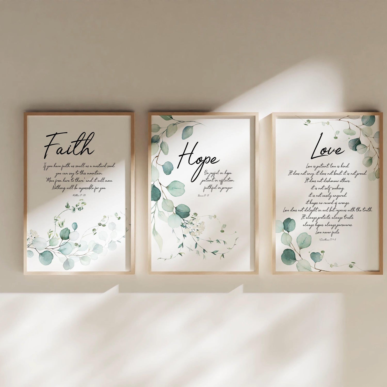 Romans 12:12 hope and patience prints, 1 Corinthians 13 love scripture wall decor, Inspirational botanical art with biblical quotes