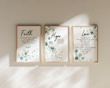 Romans 12:12 hope and patience prints, 1 Corinthians 13 love scripture wall decor, Inspirational botanical art with biblical quotes