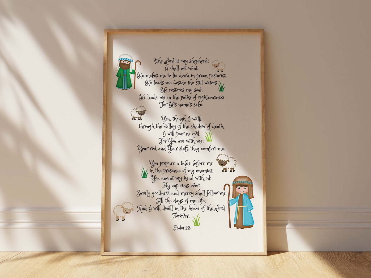 Psalm 23 - Scripture verse print for kids with illustrated shepherd, sheep and hand-lettered Bible verse in soft colours.