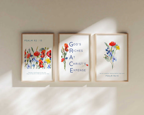 Wildflower Christian Wall Art 3 Print Set Modern Scripture Posters, Watercolour wildflower Bible prints