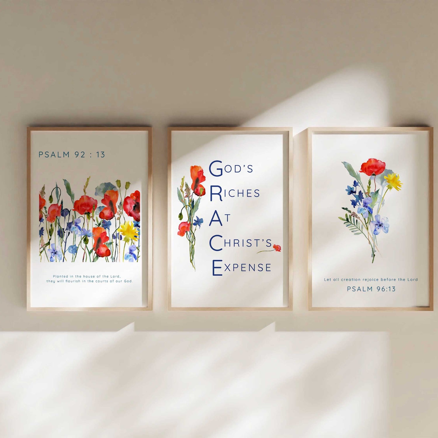 Wildflower Bible Verse Quotes, Floral Modern Scripture Wall Art, Wildflower scripture prints Psalm 92:13, Poppy and cornflower scripture