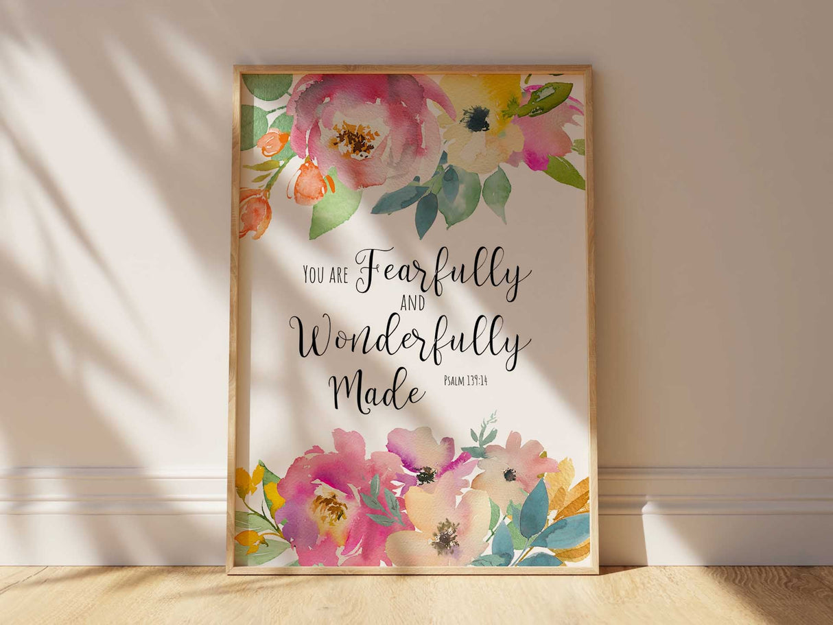 Floral Christian Prints for Girls, Psalm 139 Floral Bible Verse, Girls Bedroom Wall Art Prints, Psalm 139:14 floral wall art