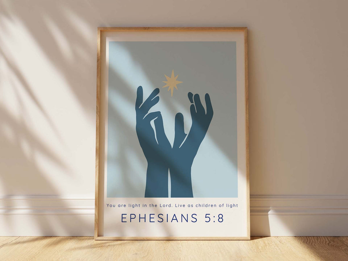 Contemporary artwork depicting hands and divine light, Symbolic hands reaching out to light print with scripture
