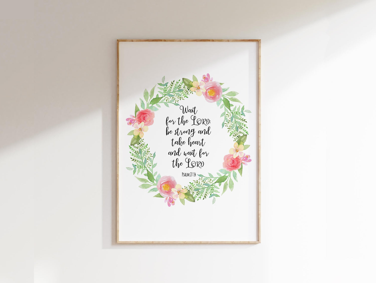 Wait for the Lord Christian Wall Art Print Psalm 27 Floral Scripture, Inspirational Psalm 27:14 Quote