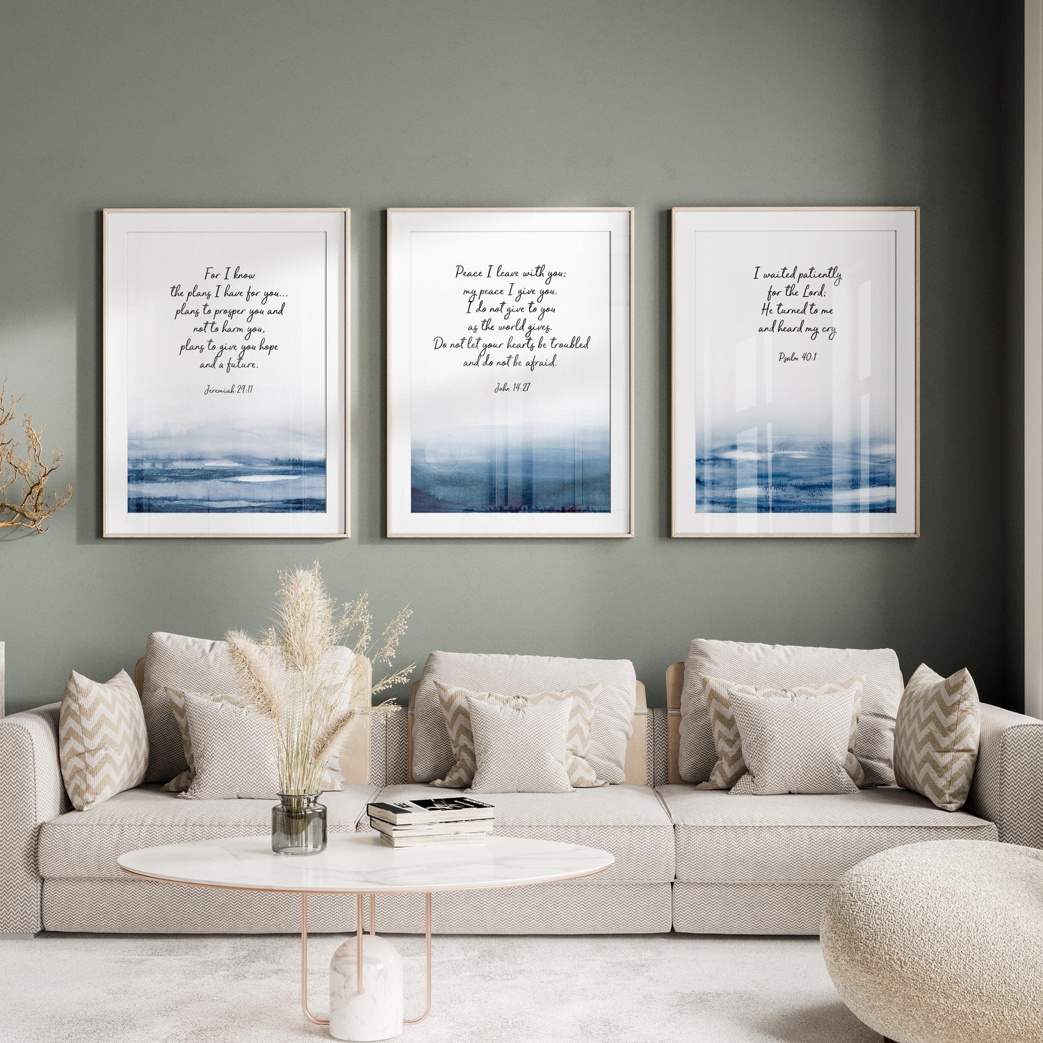 Abstract Dark Blue Watercolor Christian Art for Home Decor, Jeremiah 29:11 John 14:27 Psalm 40:1 Bible Verse Prints