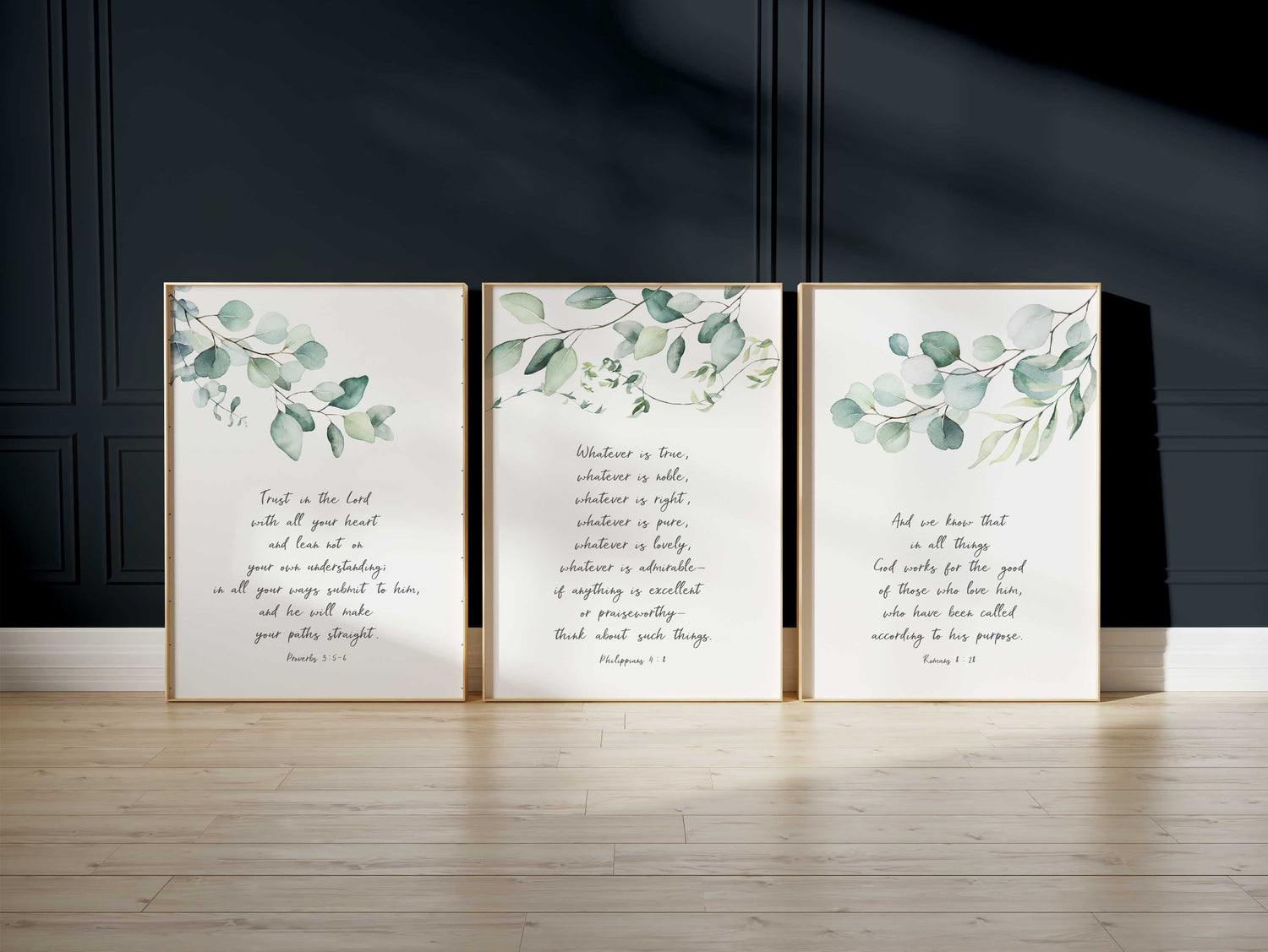 Nature-inspired Christian print collection, Greenery and scripture wall decor set, Tranquil eucalyptus leaves with biblical quotes