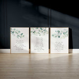 Nature-inspired Christian print collection, Greenery and scripture wall decor set, Tranquil eucalyptus leaves with biblical quotes