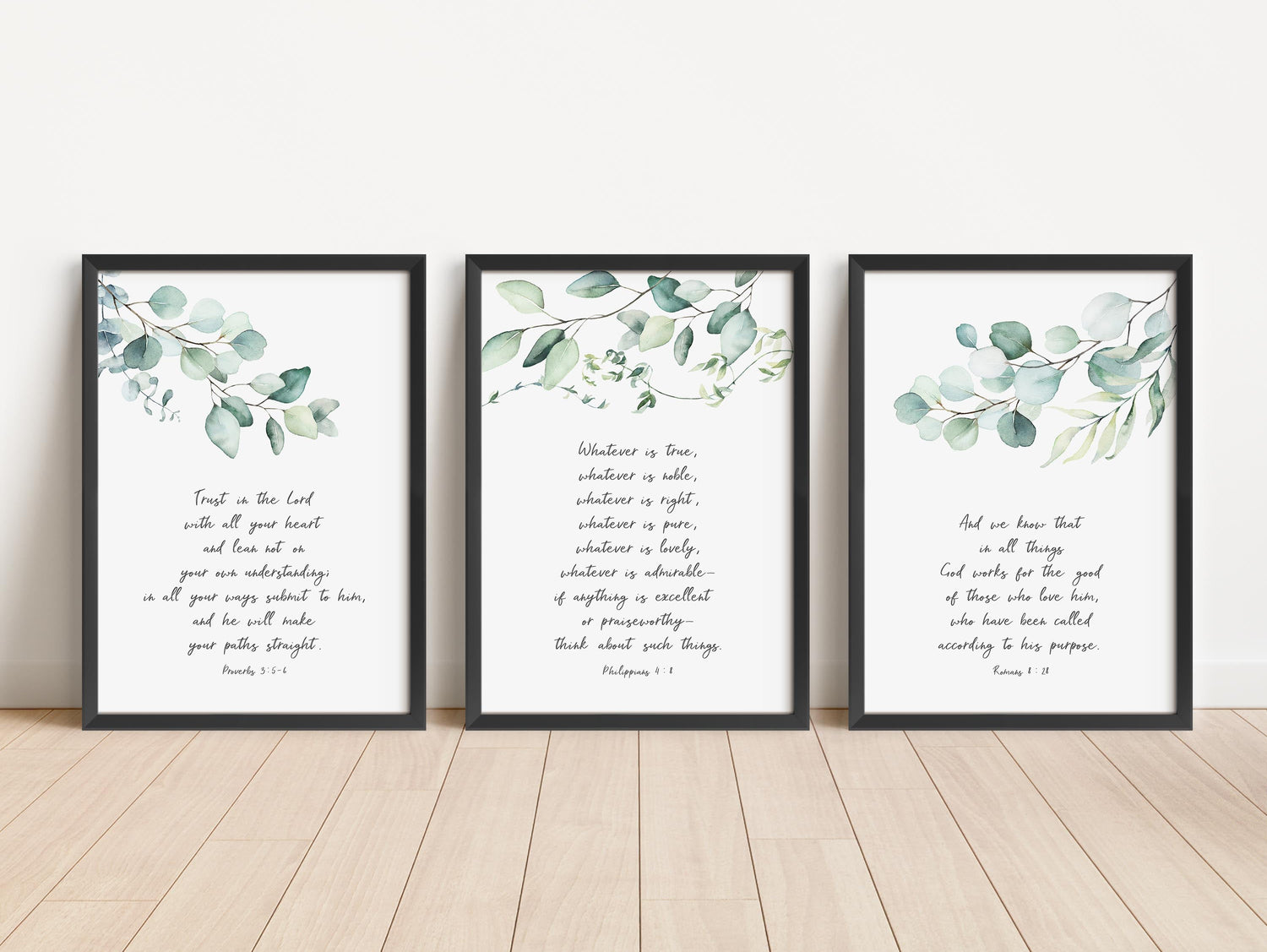 Contemporary Christian living room wall art, Thoughtful gift: Christian print set of 3, Proverbs 3:5-6 inspirational wall art