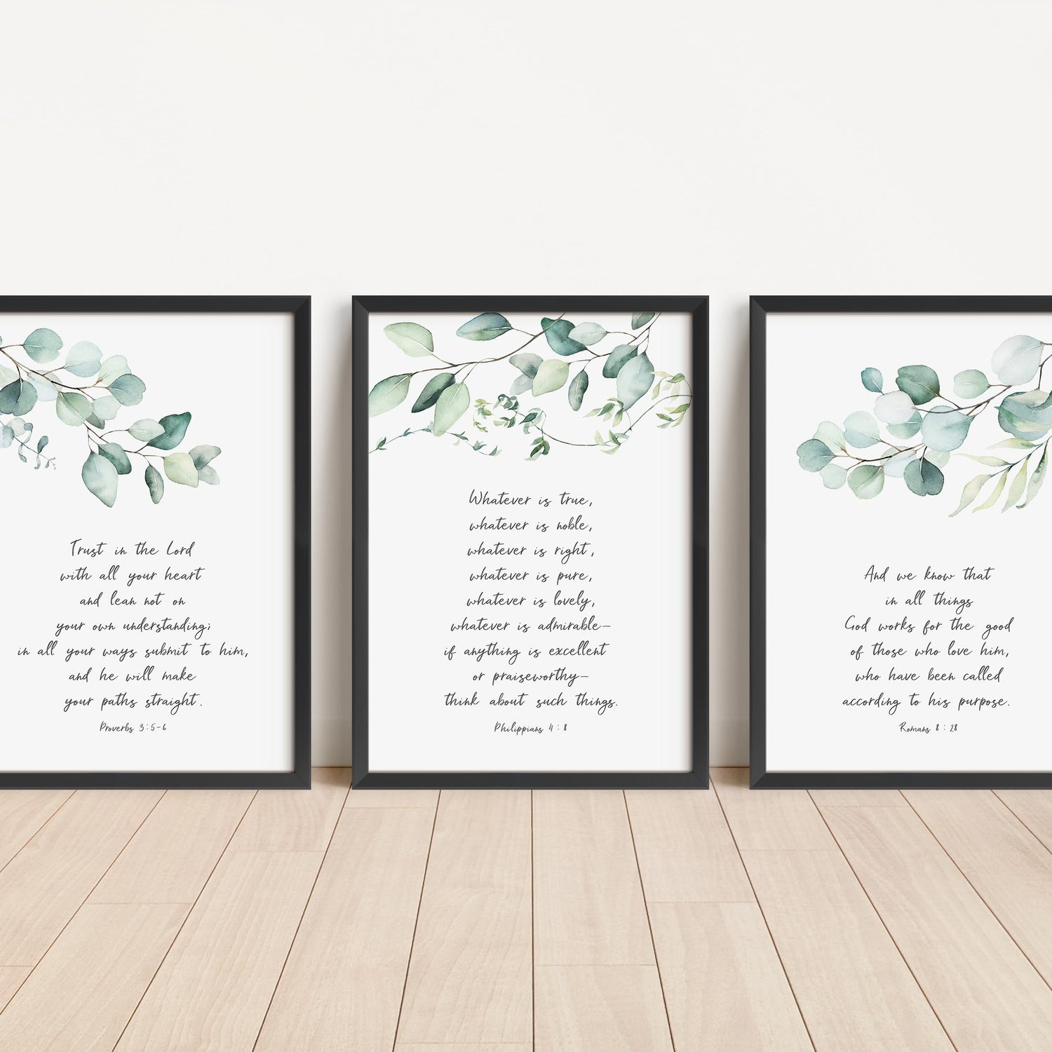Contemporary Christian living room wall art, Thoughtful gift: Christian print set of 3, Proverbs 3:5-6 inspirational wall art