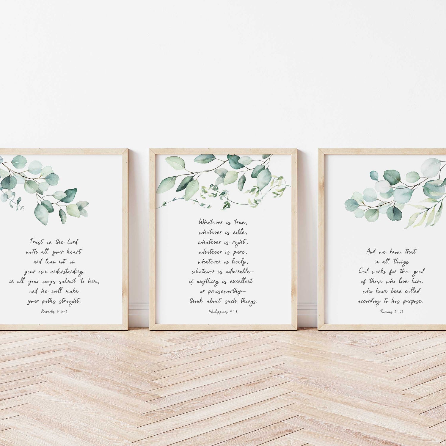 Botanical-themed Philippians 4:8 scripture prints, Christian home accents: Eucalyptus and verses art, Proverbs 3:5-6 inspirational decor