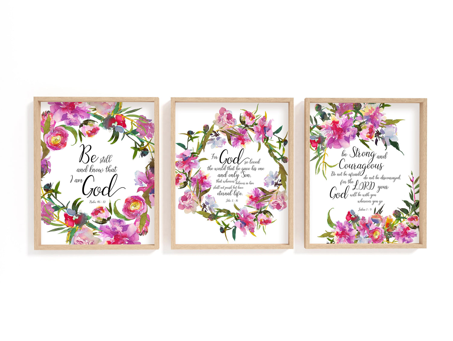 For God so loved the world, be strong and courageous. Do not be Afraid, Scripture Print Set of 3, Biblical Print Set of 3