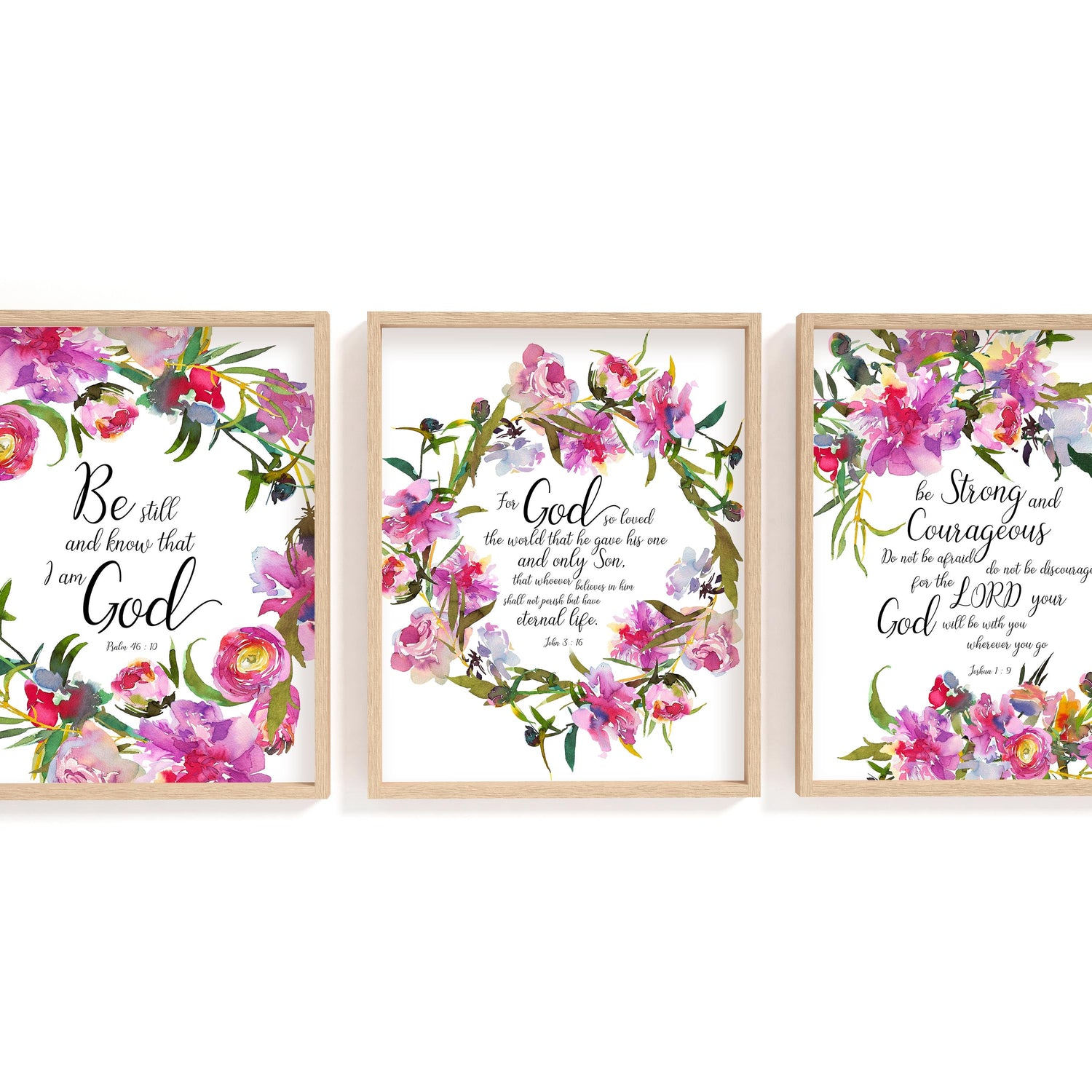 For God so loved the world, be strong and courageous. Do not be Afraid, Scripture Print Set of 3, Biblical Print Set of 3
