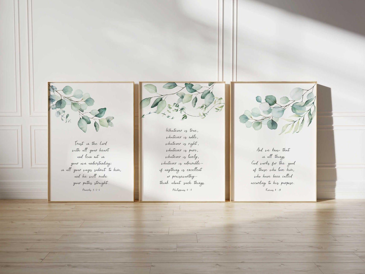 Christian home decor with Proverbs 3:5-6, Philippians 4:8 verse wall art set, Romans 8:28 Bible verse botanical prints