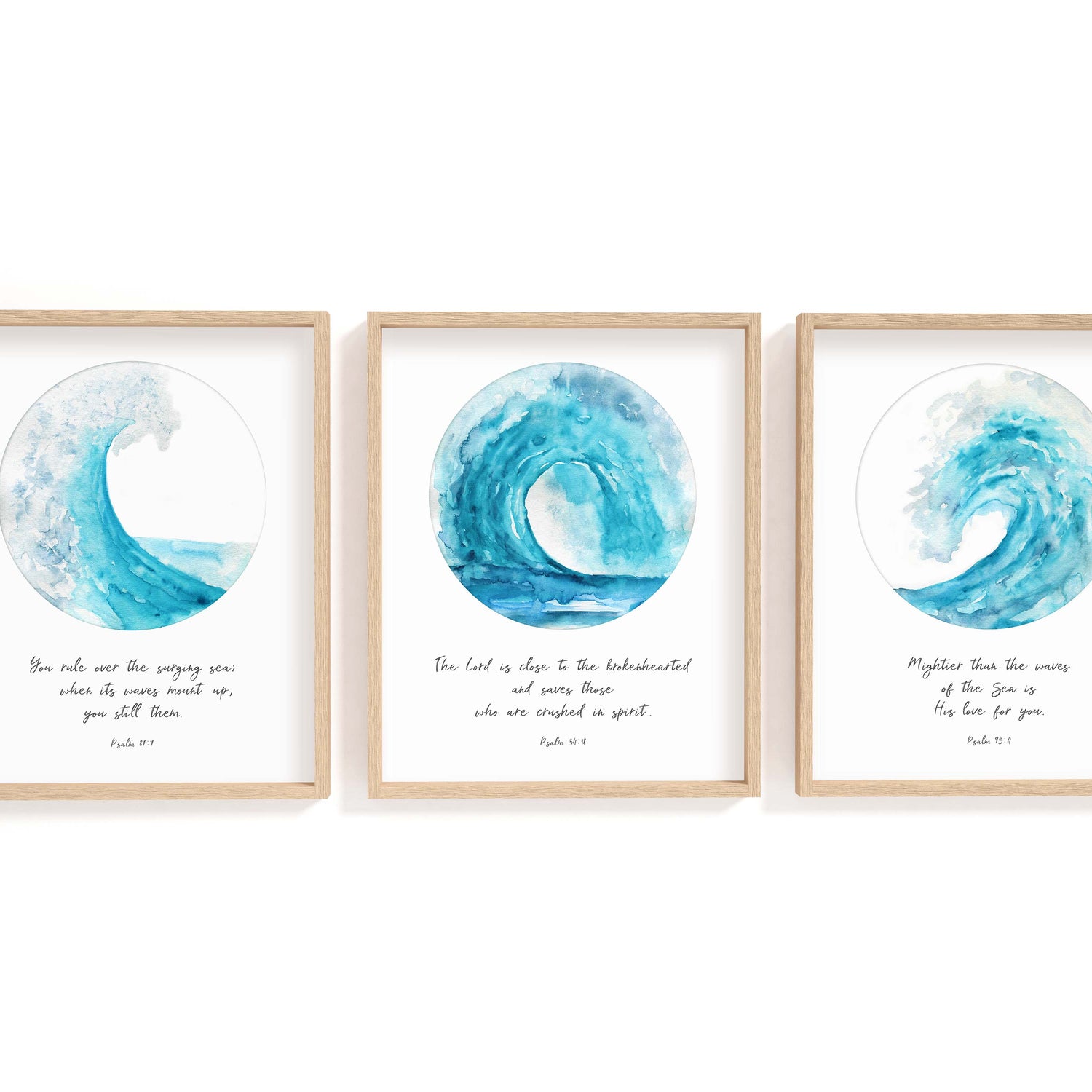 Ocean Themed Bible Verses Print Set, Watercolour Scripture Wall Art, Psalm 89 9, Psalm 34 18, Psalm 93 4 Wall Art Print
