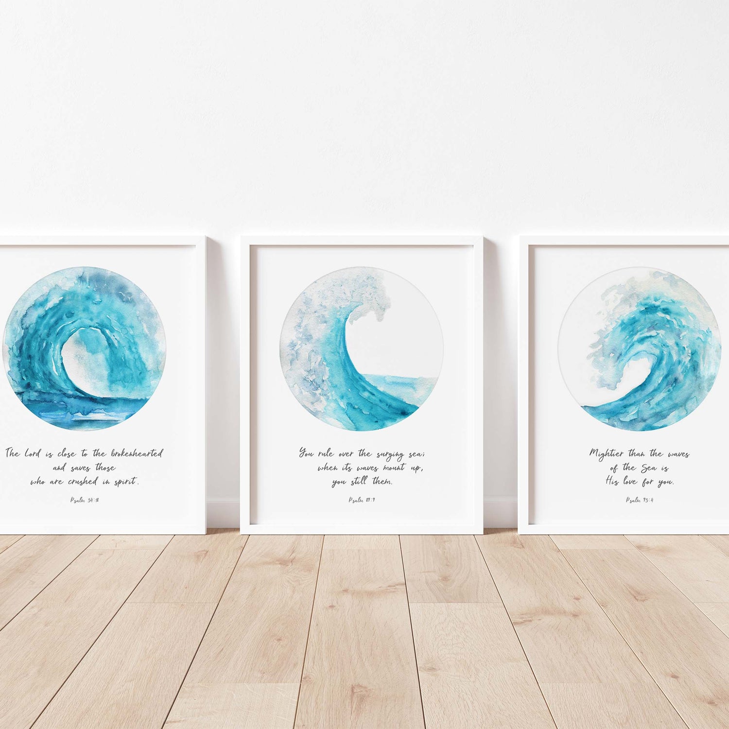 Captivating Psalm prints: God's power over waves (Psalm 89:9), comfort for broken hearts (Psalm 34:18), and boundless love (Psalm 93:4) - Adorn your space with ocean elegance