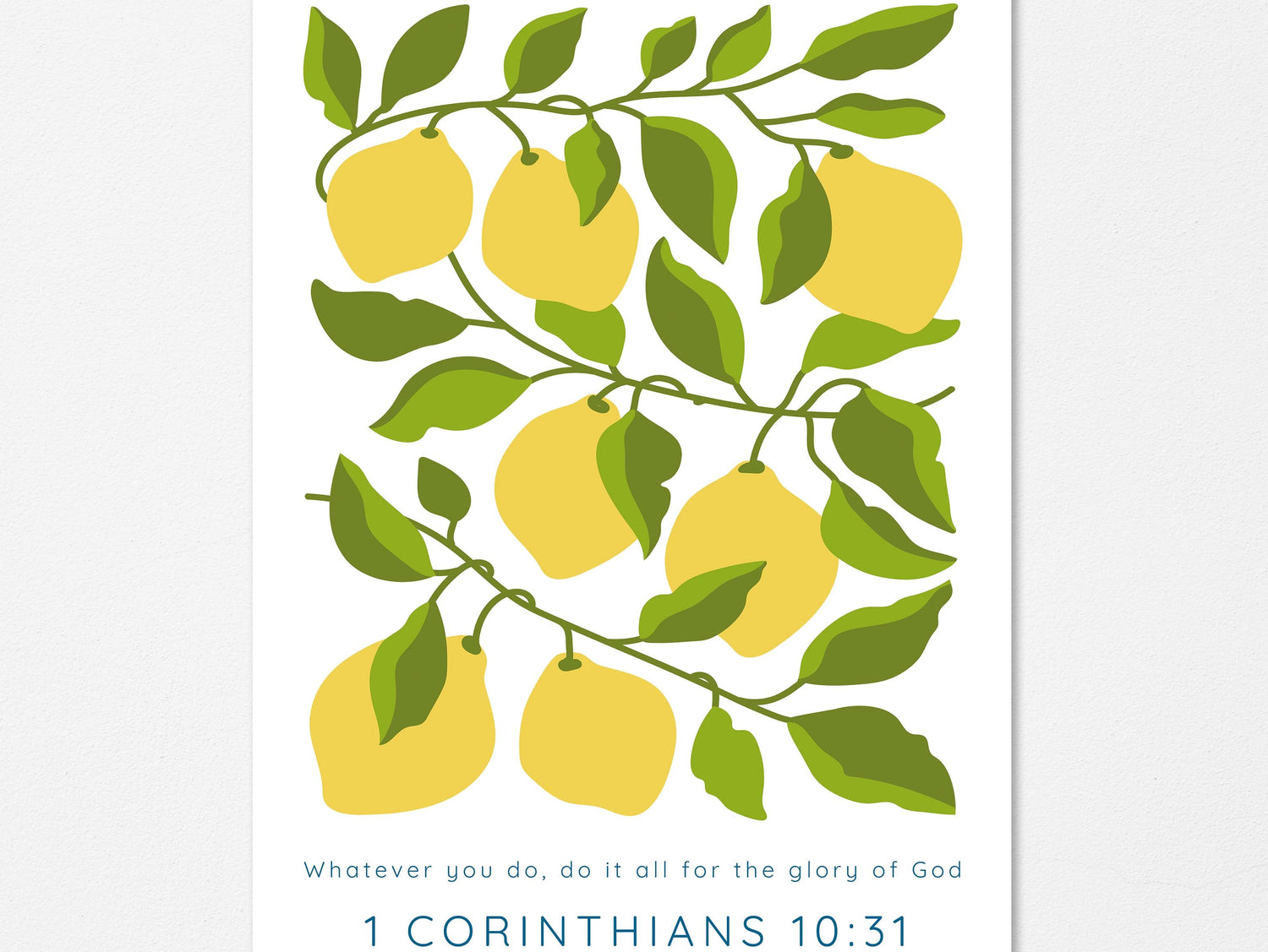Biblical quote wall art with cute lemons and leaves, Christian retro wall decor with 1 Corinthians 10:31