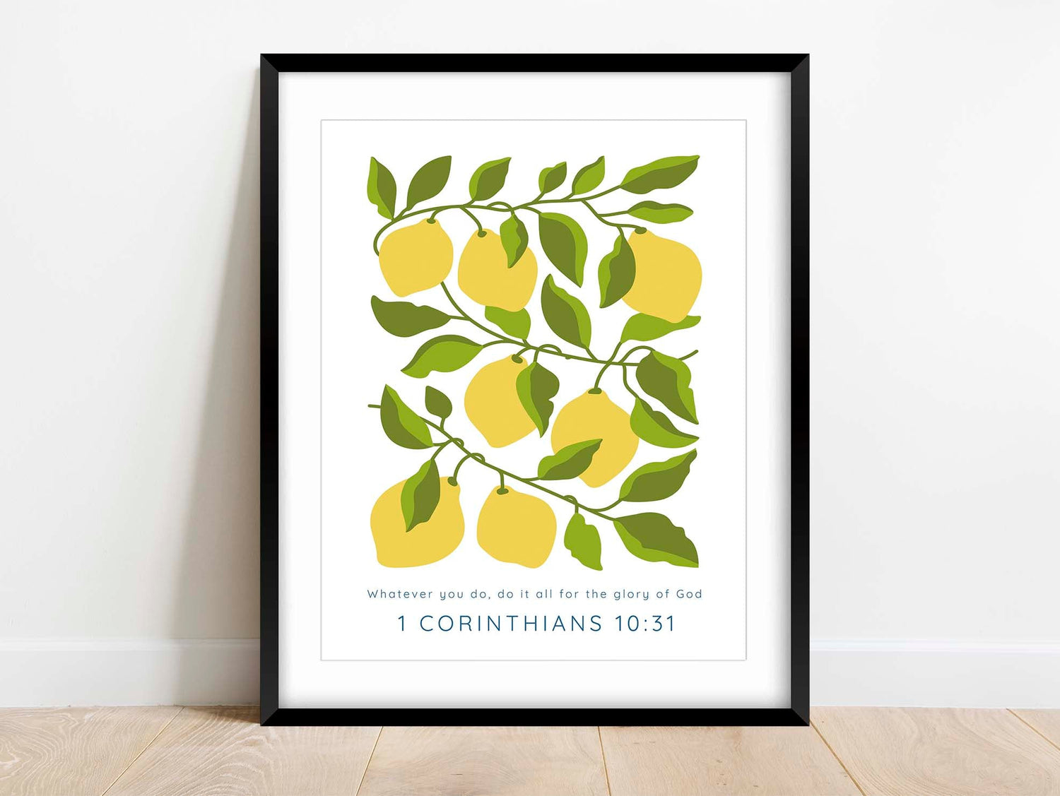 Lemon and leaf design with Bible verse print, Whimsical Christian wall art with 'glory of God' quote