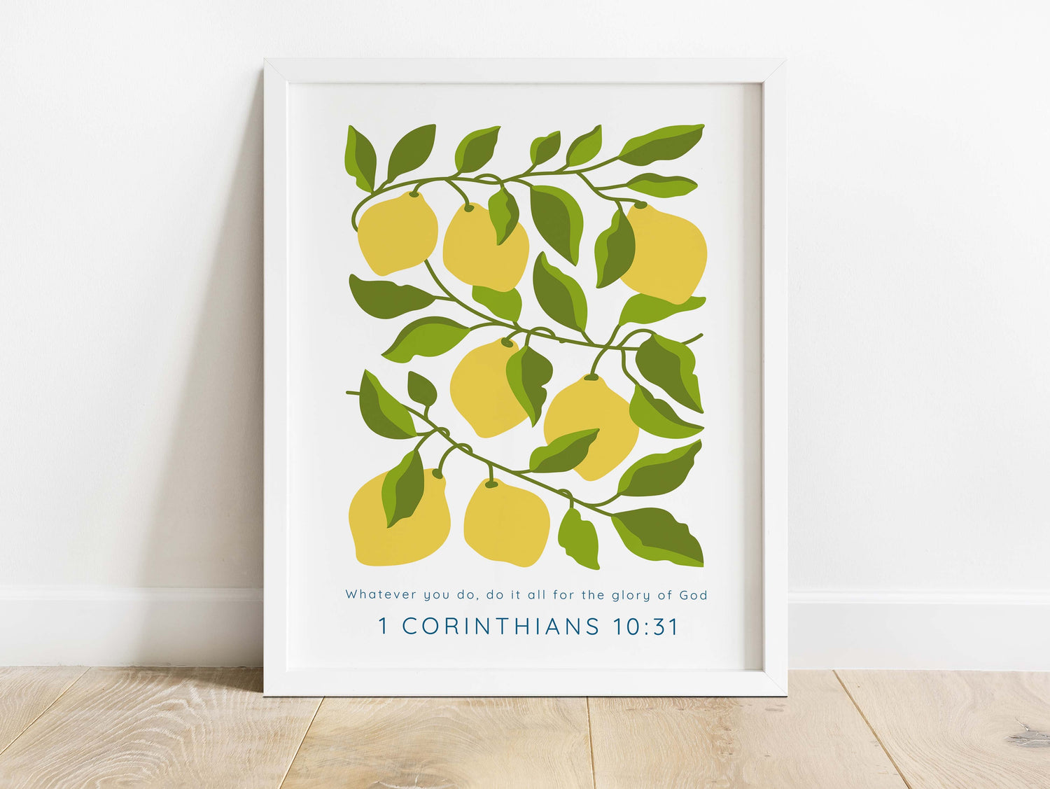 Inspirational Christian home decoration with lemons, Lemons and leaves Christian art for positive vibes, 1 Corinthians 10 31 print