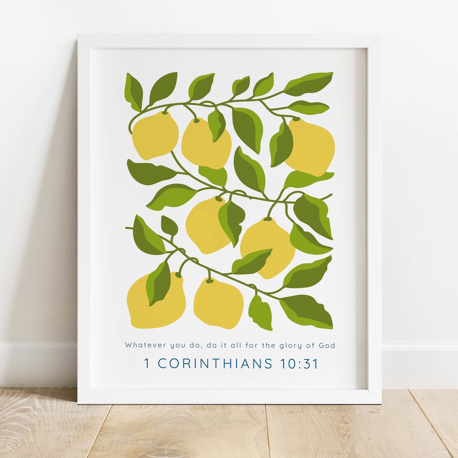 Inspirational Christian home decoration with lemons, Lemons and leaves Christian art for positive vibes, 1 Corinthians 10 31 print