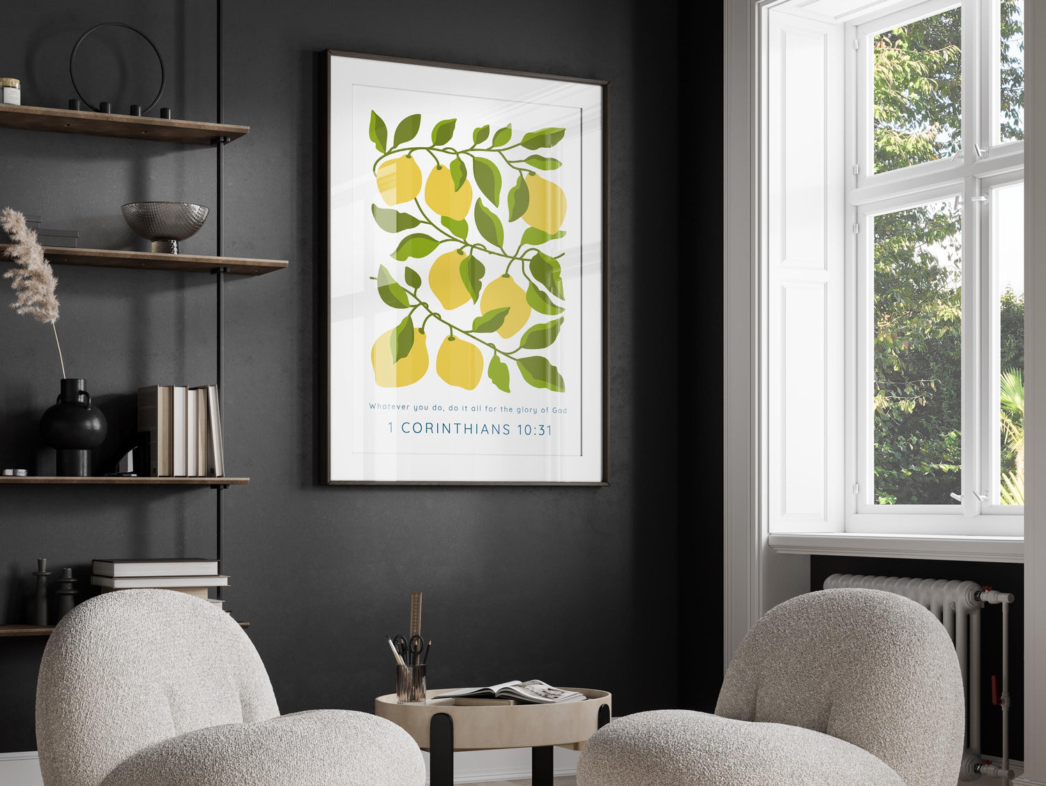 1 Corinthians 10 31 print with lemons and leaves, Christian wall art with 'Whatever you do, do it all for the glory of God'