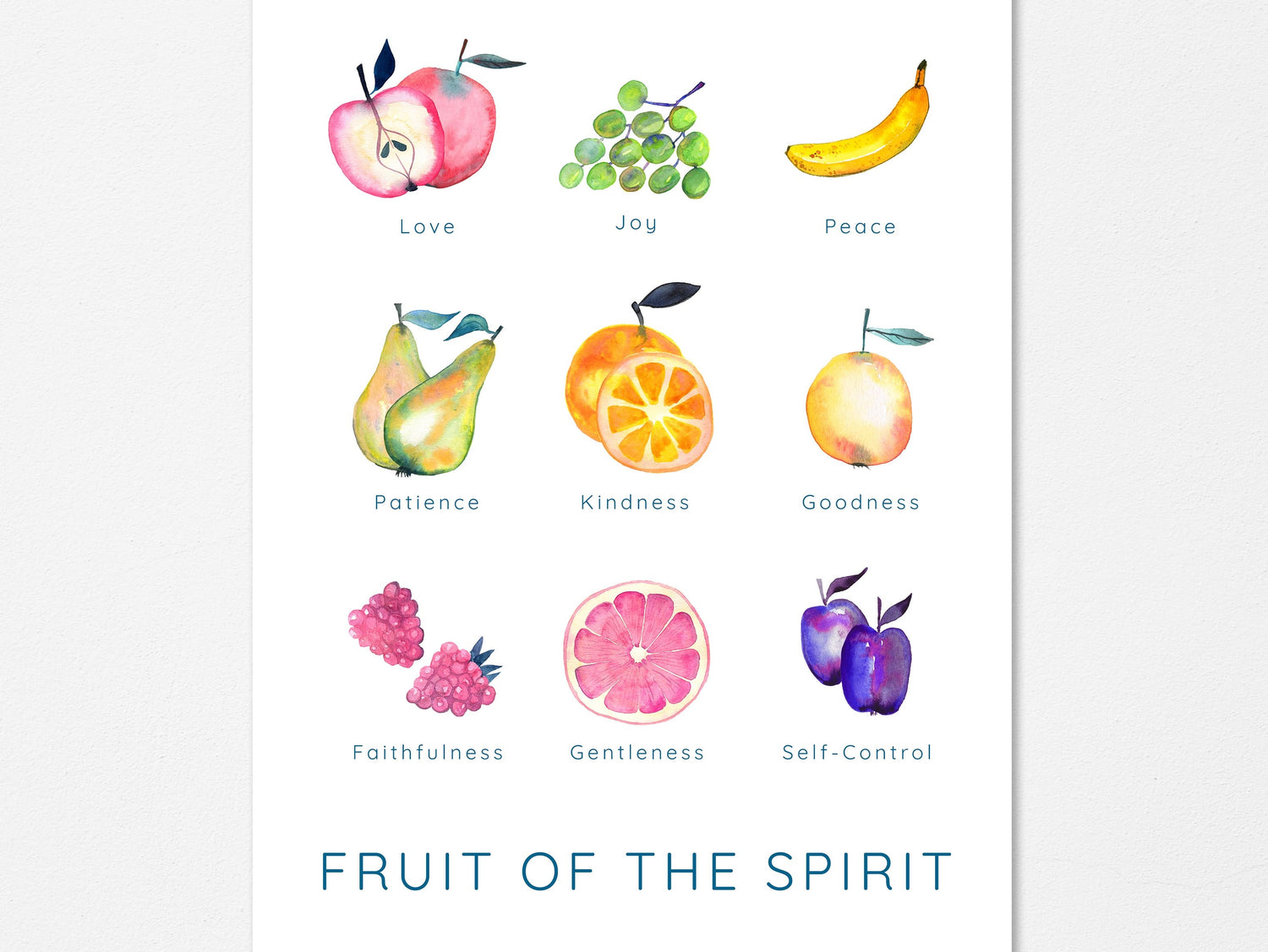 Fruit of the Spirit Wall Art, Modern Christian Poster, Faith Gift, Watercolor Fruits of Faith, Love, and Joy Print