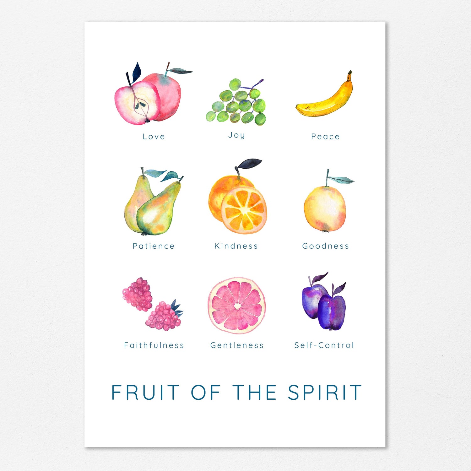 Fruit of the Spirit Wall Art, Modern Christian Poster, Faith Gift, Watercolor Fruits of Faith, Love, and Joy Print