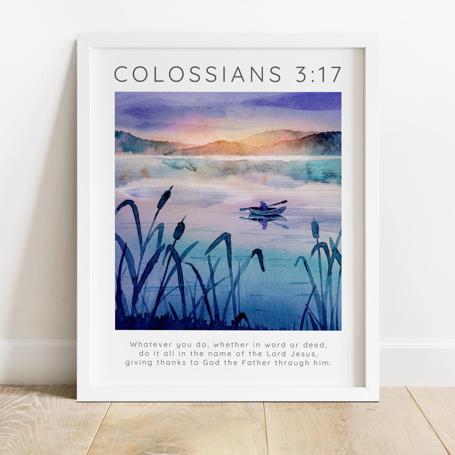 Biblical verse art for a serene living space, Mountains and river Christian wall poster, Devotional art with Colossians 3:17 message