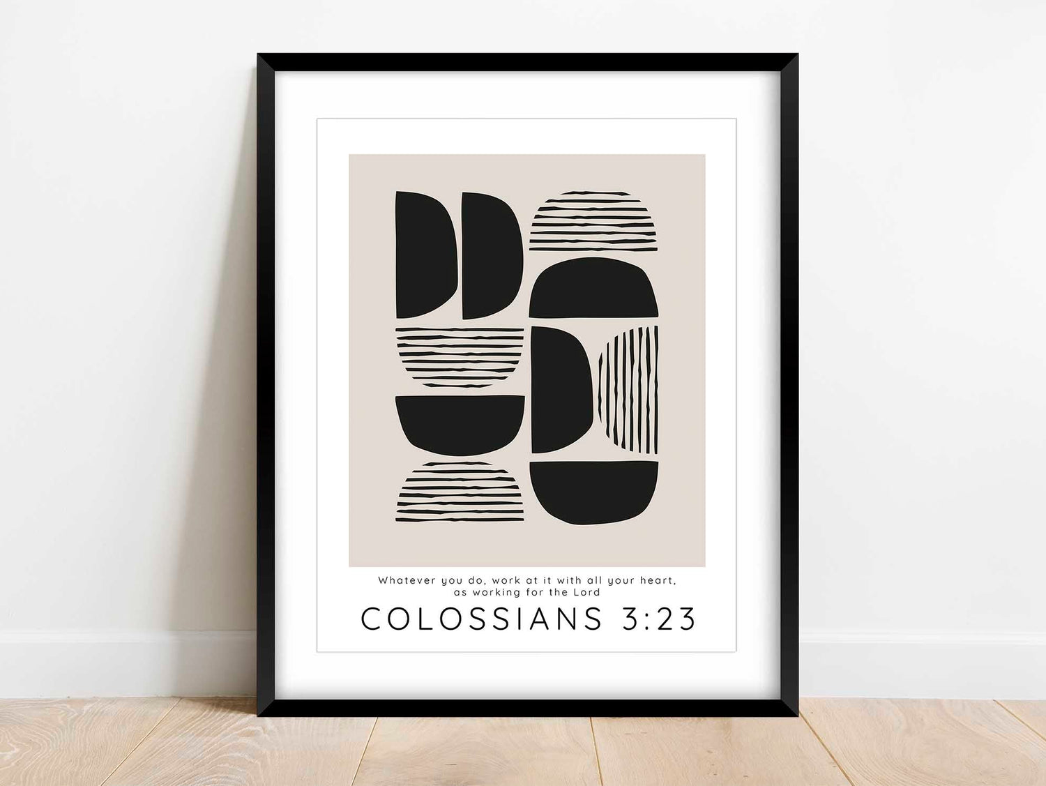 Sophisticated Office Wall Art: Colossians 3:23 Scripture in Black and Tan Abstract Design