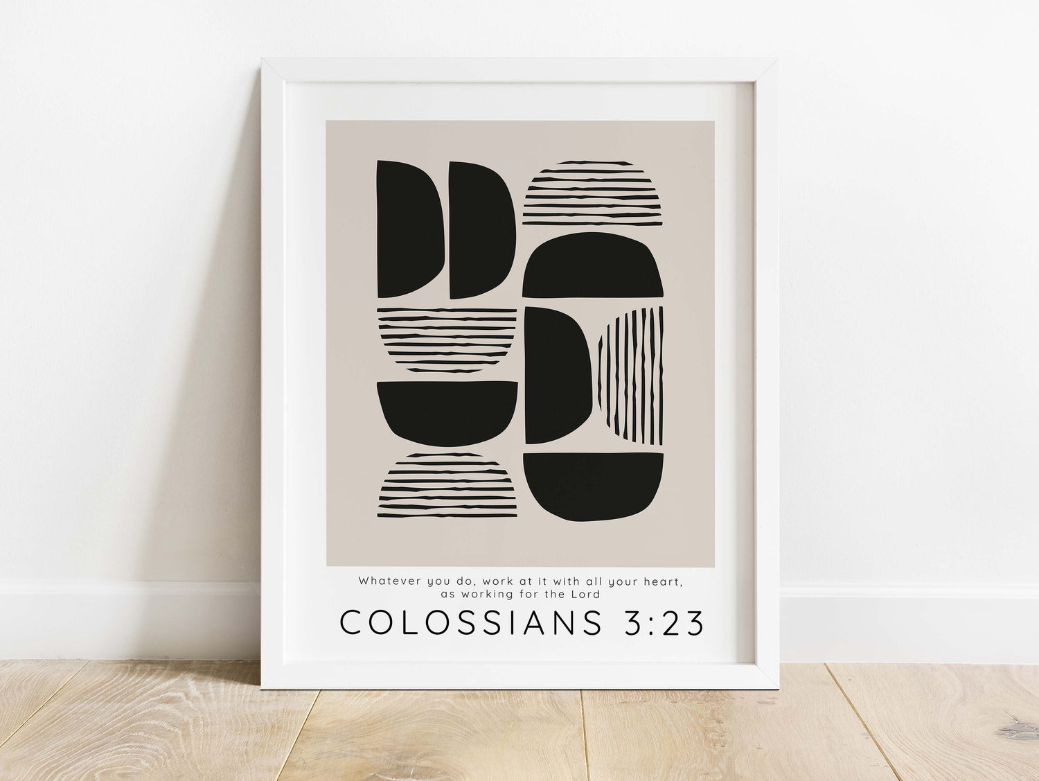 Work Ethic Meets Artistry: Colossians 3:23 Quote on Black and Tan Abstract Office Print
