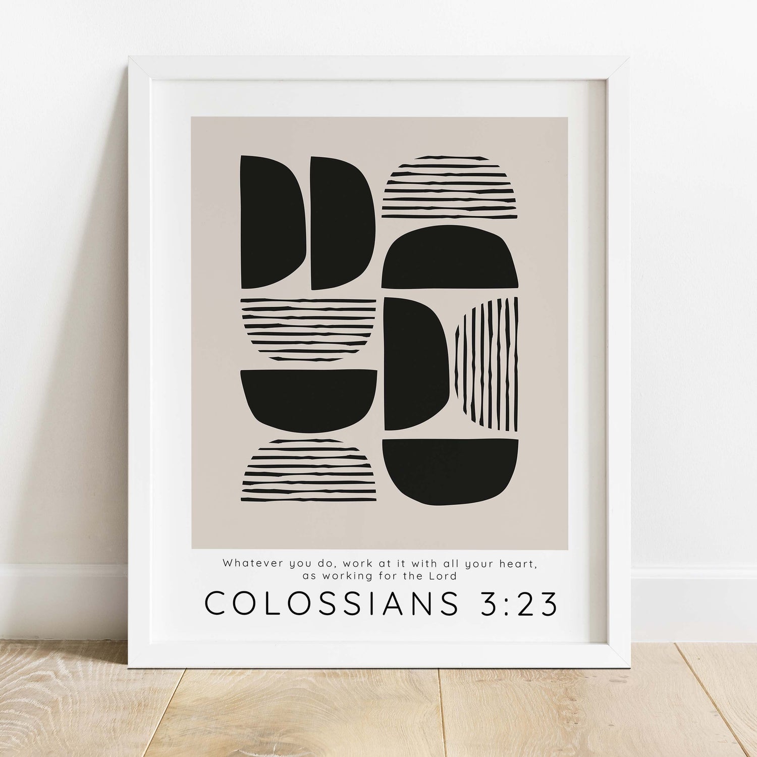 Work Ethic Meets Artistry: Colossians 3:23 Quote on Black and Tan Abstract Office Print