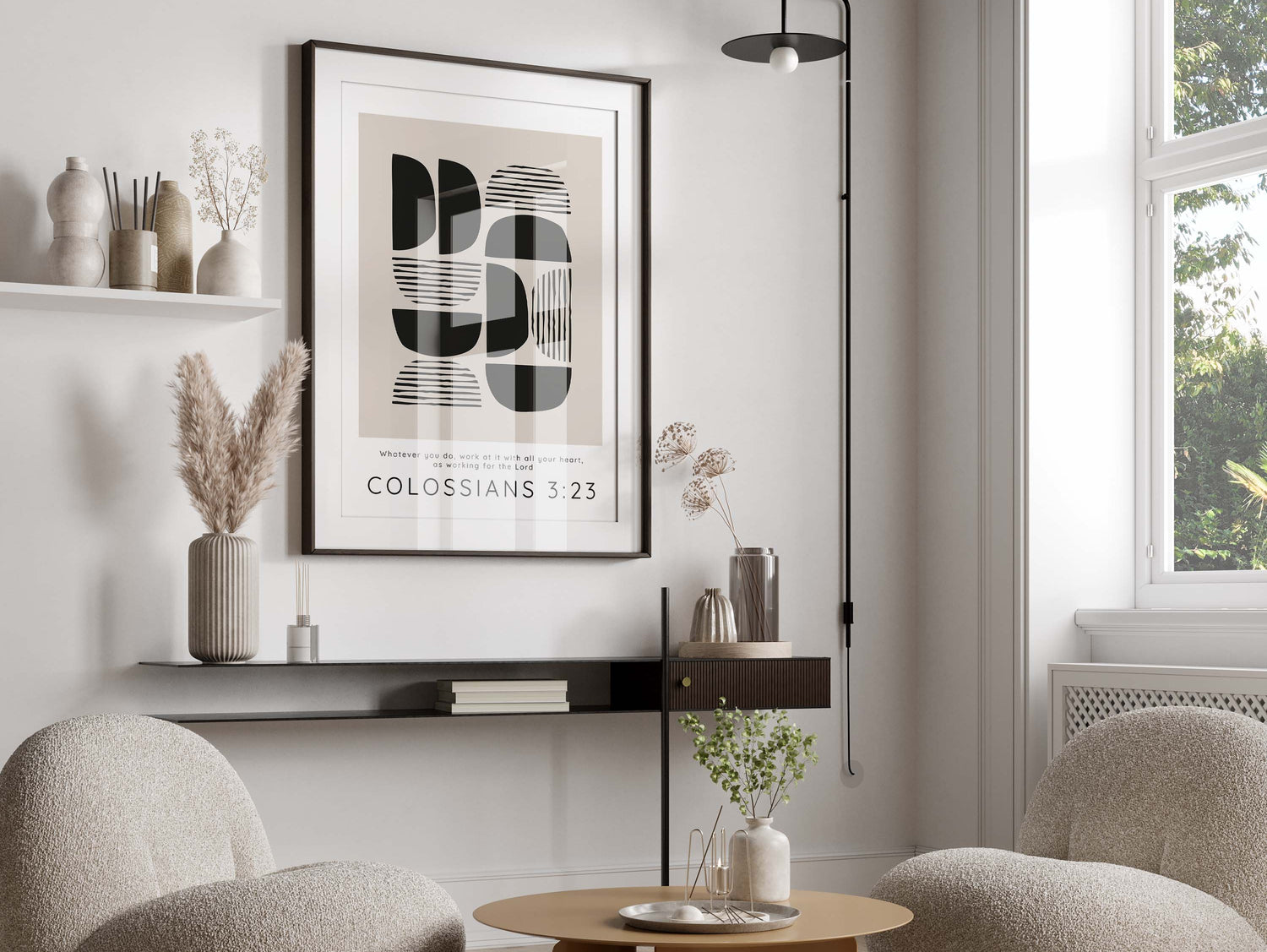 Office Motivation in Art: Colossians 3:23 Verse on Elegant Black and Tan Abstract Canvas