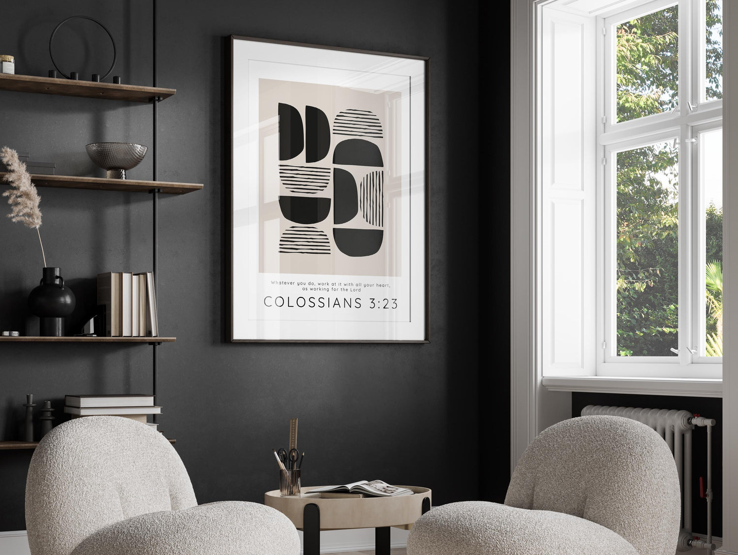 Contemporary Christian Office Decor: Colossians 3:23 Quote on Black and Tan Abstract Print