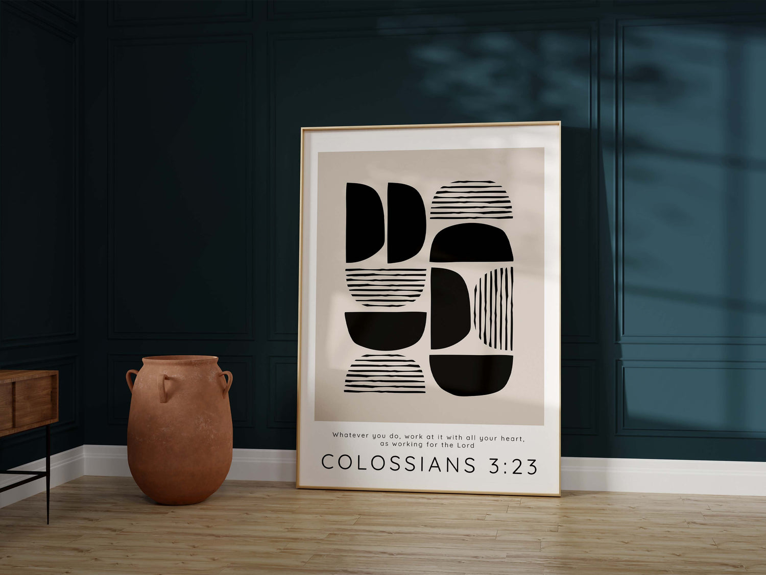 Elevate Your Work Environment: Black and Tan Abstract Print with Colossians 3:23 Message
