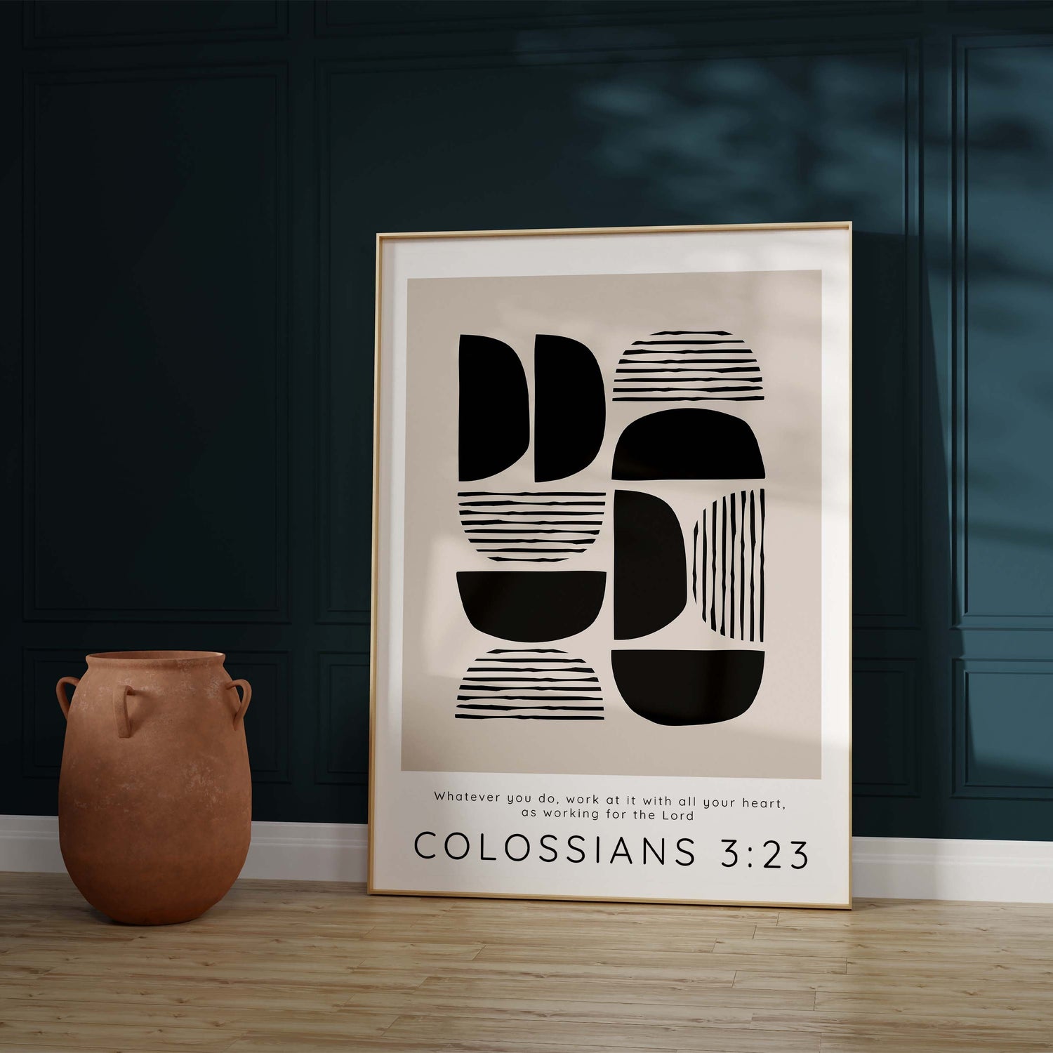 Elevate Your Work Environment: Black and Tan Abstract Print with Colossians 3:23 Message